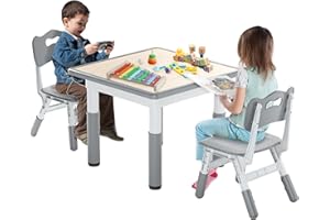 FIVMEN Kindertisch mit 2 Stühlen Kinder Tisch Stuhl Set Höhenverstellbar 3 Teilige Kindersitzgruppe Plastik Kinderzimmer Möbel Spieltisch Schreibtisch für Kinder ab 2 Jahre, 60x60 cm