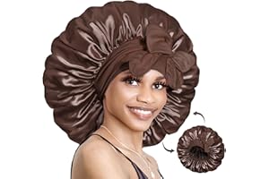 BONNET QUEEN Bonnet Satin Cheveux Nuit pour Dormir, Bonnet en Satin Reversible pour Cheveux Charlotte Locks Bouclés, Ajustable avec Long Elastique pour Femmes et Hommes, Chocolat