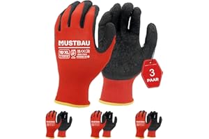 Mustbau 3 pary rękawic roboczych EN388 Late i powlekane poliestrem, odporne na ścieranie i wentylowane, bezszwowe rękawice dzianinowe, idealne do prac ogrodowych, mechaników, na plac budowy (czerwone,