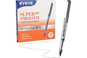 EYEYE Needle Rollerball Pens Extra Fine Point 12 Pack, 0.5mm Black Pen Quick Dry, Liquid Ink Pens Fine Point Smooth Writing Pen for Colouring, Journaling, Note Taking, Office, School Supplies