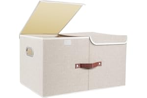 TYEERS Extra Large Storage Box with Lids and Compartments, Collapsible, Washable, Fabric Box with Lid for Clothes, Wardrobe Storage, 55x33x30 cm, Set of 1, Beige