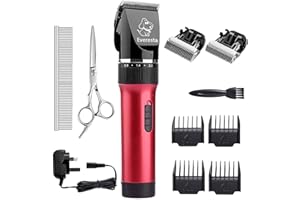 Dog Clippers, Everesta Low Noise Rechargeable Cordless Pet Dogs and Cats Electric Grooming Clippers Kit with Shears and Comb(2 Blade) (Red)