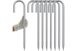 AAGUT 16 Inch Rebar Tent Stakes Heavy Duty 3/8" J Hook Ground Anchors Galvanized Steel Metal Garden Stake Yard Landscape Spikes 8 Pack for Chain Link Fence, Canopy