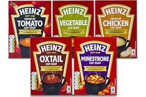 FIENOW Heinz Cup - Confezione da 5 pezzi | Crema di pomodoro, verdura, pollo, minestrone, coda di bue | 4 bustine ognuna