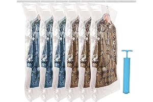 Wenrecu Hanging Vacuum Bags for Clothes, Vacuum Sealer Bags with Hand Pump, Space Saving Wardrobe Organizer, Vacuum Bags for Seasonal Clothes (90x70cm-6packs)