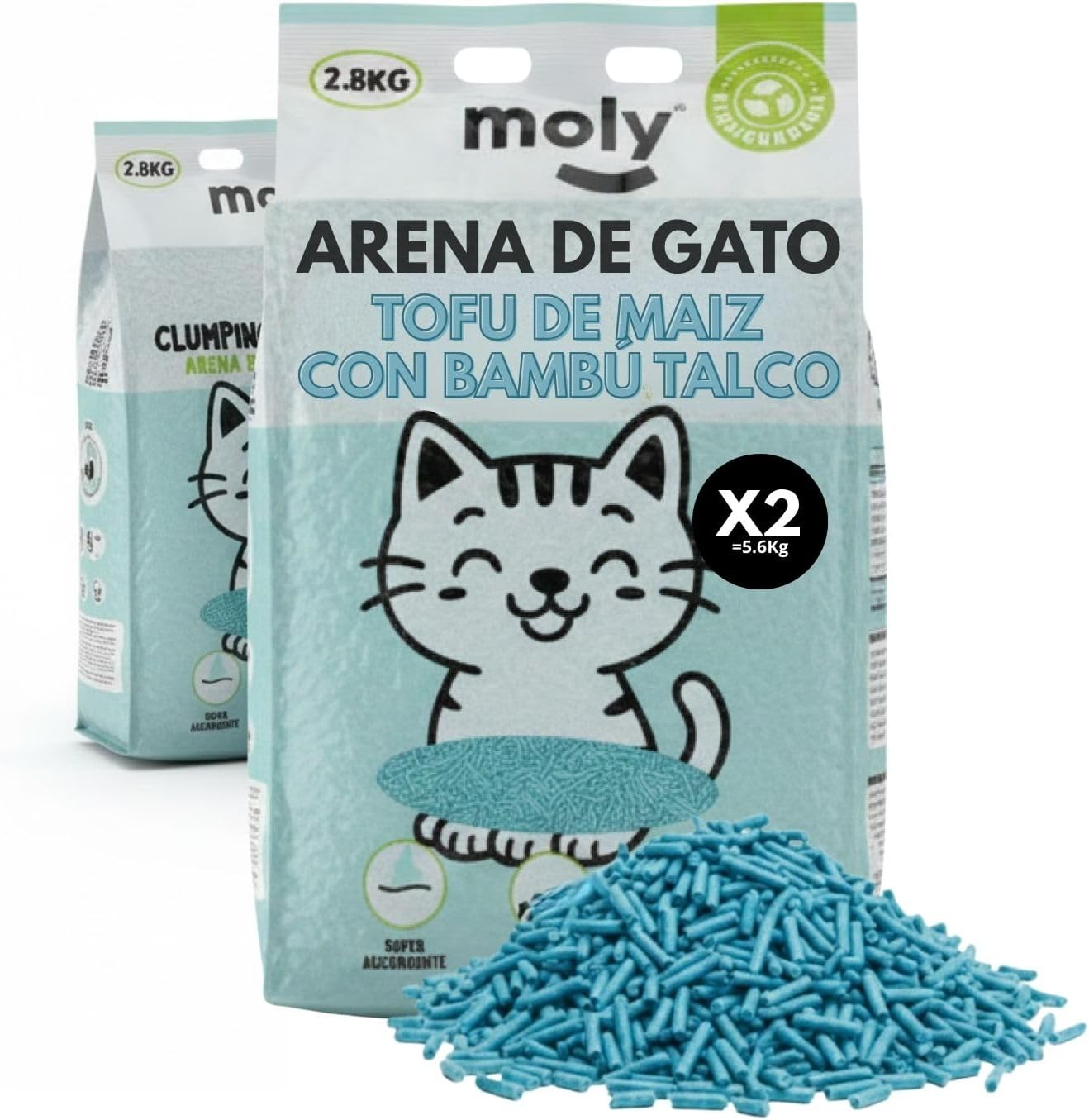 MOLY x2 Arena de Gatos Tofu de Maiz y Bambu 5,6 KG 7,4 L | Arena Biodegradable y Aglomerante Alta Absorcion con Aroma de Talco | Control Total de Olores | Sin Polvo | Lecho Mineral