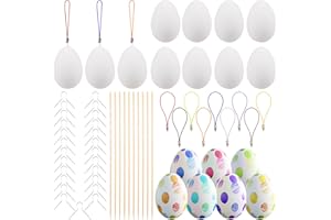 AWCIGG Dekoracje na jajka wielkanocne Jajka Malowanie rzemiosła dla dzieci Dekorowanie 25 szt. Białe plastikowe fałszywe jajka do malowania do dekoracji za pomocą wiszącego haczyka na linę Kij bambusowy
