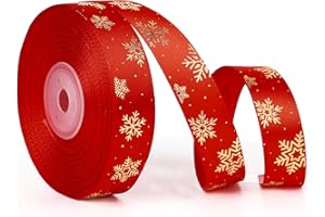 GEBETTER 25 Yardas x 2 cm Cinta Satén Regalo Navidad Cinta Navideña Poliéster Decoración Adorno Lazo Envoltura Paquete Caja Regalo 1 Rollo (Rojo, Copos de Nieve)