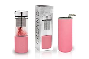 Creano Théière Teamaker 400ml – Bouteille de Thé à Emporter en Verre avec Passoire pour Thé en Vrac et Housse Néoprène – Idéale pour Thé Chaud ou Froid, Portable, Couleur Rose