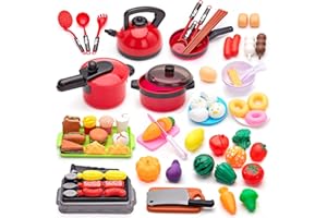 WISPLYE Utensilios de Cocina Accesorios Juguetes Niños con Comida para Cortar, Ollas y Sartenes, Juguete de rol de Chef Regalo de Cumpleaños para Niños y Niñas 3 4 5 6 Años