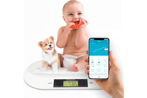 Silvergear Pèse-bébé intelligent avec Bluetooth | Pèse-bébé numérique avec application pour nouveau-nés, enfants, animaux de compagnie | Mesure précise jusqu'à 20 kg | Application Smart Life | 54,5 ×