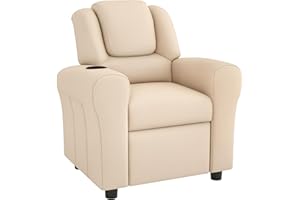 HOMCOM Kids Recliner, PU Leather Kids Armchair, Child Chair, Toddler Armchair with Adjustable Backrest, Footrest, Padded Headrest, Cup Holder, Beige