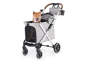 Beberoad X6 Luxury Pet Stroller Dog Pram for Medium Dogs with Organizer, 4 Wheel Foldable Stroller Pet Pram Dog Pushchair with Pad and Two Cup Holder, One-Second Fold Design, Grey
