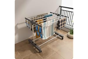 Pole 1-Tier Premium Heavy-Duty Stainless-Steel Clothes Drying Stand with Wheels Foldable Laundry Rack with Sock Holder Indoor & Outdoor Cloth Dryer for Balcony, Terrace & Home(Grey, Small)