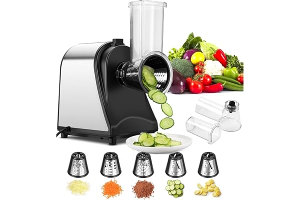 COOCHEER Coupe-légumes Électrique, 5 en 1 Râpe Multifonctionnelle Électrique, 250W Râpe et Hachoir Électriques, avec 5 Cônes en Acier Inoxydable, Convient pour Légumes et Carottes YF002