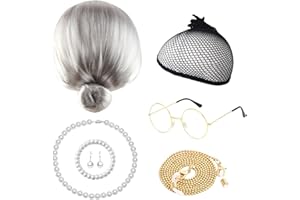 DKDDSSS Peluca Abuela, Disfraz Abuela, Peluca de Abuela Cosplay, Peluca de Anciana, Peluca Abuela, Gorro de Peluca, Gafas, Cadena de Gafa, Collar de Perlas para Carnaval, Fiesta de Disfraz