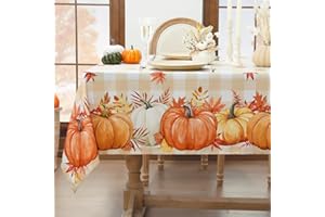 Softalker Autumn Large Table Cloth Orange Pumpkin Wipe Clean Tablecloth Gingham Rectangular 137x274 cm Water Resistant Fall Tablecloths for Party Birthday Festival Halloween Thanksgiving Decorations
