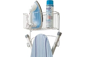 mDesign Mueble de Planchado para Pared – Soporte para su Tabla de Planchar con Cesta para la Plancha de Planchar – Ahorre Espacio de Almacenamiento- Cromado