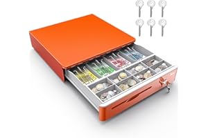 Tera Cassetto automatico da 16 pollici con microinterruttore con 5 scomparti per banconote e 8 scomparti per monete per sistemi POS, scomparti rimovibili per banconote con chiusura a chiave, arancione