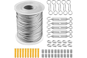 BSEICAL Wire Rope Hanging Kit, Stainless Steel Wire 2mm + Wire Rope Clamp+ Turnbuckles + Thimble + Eyelet Screws+ Wall Plugs, Pvc Plastic Coated Wire Rope Kit For Garden Climbing Plants, Fencing (15M)