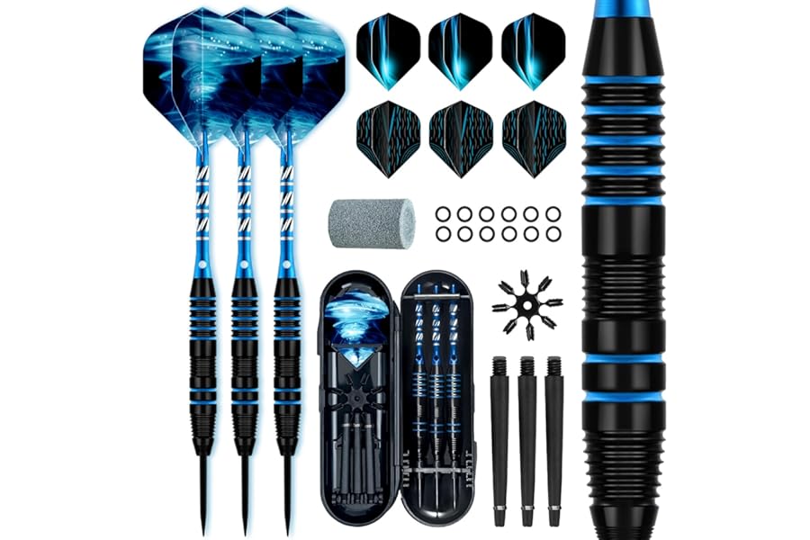 XAWU 3 Pack Steel Tip Darts Set Professional Darts 22g, 24g with 9 Dart Flights 3 Aluminum Shafts 3 Spare Shafts 1 Dart Sharpener 12 Rubber O-Rings Flight Protector and Darts Case