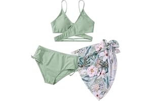 Naiyafly Girls' 3-Piece Swimsuits Bikini Set with Criss Cross Back, Adjustable Straps, Floral Print, Red, Blue, Green, Sizes 9-13 Years