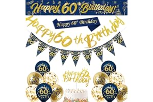 DEARLIVES Blue Gold Happy 60th Birthday Banner, Balloons, Bunting Flags, Sash, Cake Toppers for Men & Women's 60th Party Supplies