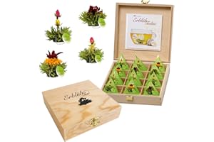 Creano Teelini kwiaty herbaty w formacie filiżanki, zestaw upominkowy w drewnianej skrzynce na herbatę, 12 ErblühTeelini w 4 rodzajach, biała herbata, prezent dla kobiet, matki, miłośników herbaty