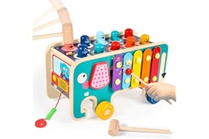 Atoylink Montessori Marteau en Bois Jouet en Bois Enfants Banc À Marteler Xylophone Jouet éducatif Apprentissage Jouet de Martelage Bebe Jeu Motricité Fine Cadeau pour Garçons Filles 1 2 3 4 Ans(B)