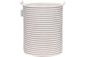 Sea Team 19.7 Inch Large Sized Waterproof Coating Ramie Cotton Fabric Folding Laundry Hamper Bucket Cylindric Burlap Canvas Storage Basket with Stylish Grey Stripe Design