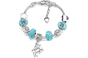 Deolven Bracelet à Breloque avec Licorne, Bracelet en Cristal Rose Brillant Bijoux Charms pour Enfant Fille Anniversaire 6-12 ans