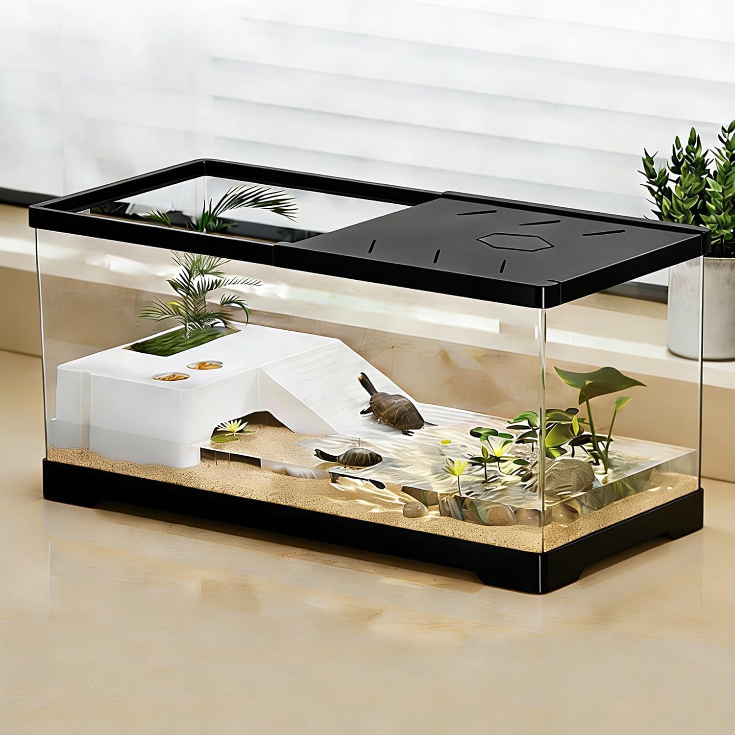KAKOOTI Pecera de Tortuga con Plataforma para Tomar el Sol y Drenaje Inferior, 30 x 18 x 18,5 cm Tanque de Tortugas acuáticas para Tortugas Juveniles, cangrejos de río, cangrejos, Anfibios(Negro)
