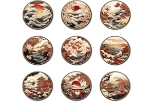ANATTASOUL 9Pcs Patrón Japonés Posavasos Madera, Posavasos De Madera, Reutilizables, Redondos, Drink Coasters, Taza para Café, Bar, Cocina, Restaurante