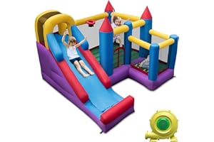 COSTWAY Castello Gonfiabile Per Bambini, Casa gonfiabile con Scivolo, con 50 Palline, Con Borsa di Trasporto e Kit Riparazione, 315 x 324 x 221cm, Ideale Per 4 Bambini 3-10 Anni (Con soffiatore)