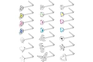 JeweBella 21 Pcs 20G Nose Stud Piercing 316L Surgical Steel for Women Men Hypoallergenic Small Colorful CZ Silver Nose Studs I Shaped/L Shaped/S Shaped Nose Stud Screw Nose Piercing Jewellery