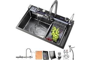 HZKSINNK Fregadero de cocina con dos cascadas, 1 cuenco, negro, multifuncional, de acero inoxidable, con nano revestimiento, con grifos extensibles, lavaplatos y cestas de drenaje y juego de desagüe
