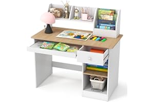 GOPLUS Escritorio Infantil de Madera con Cajón, Mesa Juvenil con 4 Estantes Abiertos, Bandeja para Teclado, 3 en 1 Escritorio para Niños con Dispositivo Antivuelco, 90 x 45 x 90 cm (Natural)