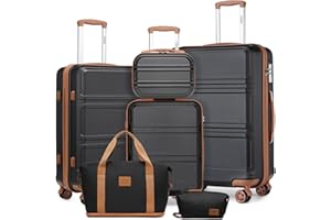 KONO Set di 6 Pezzi Valigie da Viaggio (55/65/74cm) e Beauty Case Rigide Valigia in ABS Trolley con 4 Ruote & TSA lucchetto + Borsone da Viaggio Espandibile Palestra + Borsa da Toilette, Nero/Marrone