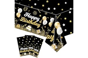 Kesfey 3 Pcs 137x274cm Happy Birthday Tablecloths Happy Birthday Decorations, Plastic Waterproof Table Cover Rectangular Disposable Tablecloth Wipeable, Birthday Party Decoration(Gold and Black)