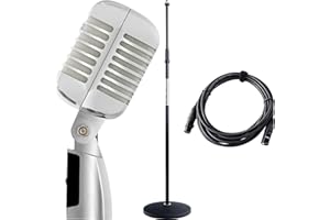 Pronomic DM-66S Microphone Dynamique Set - Vintage pour Chant Micro Vocal Classique rétro - Set économique Comprenant Un Pied de Micro et Un câble XLR - Argent/Blanc