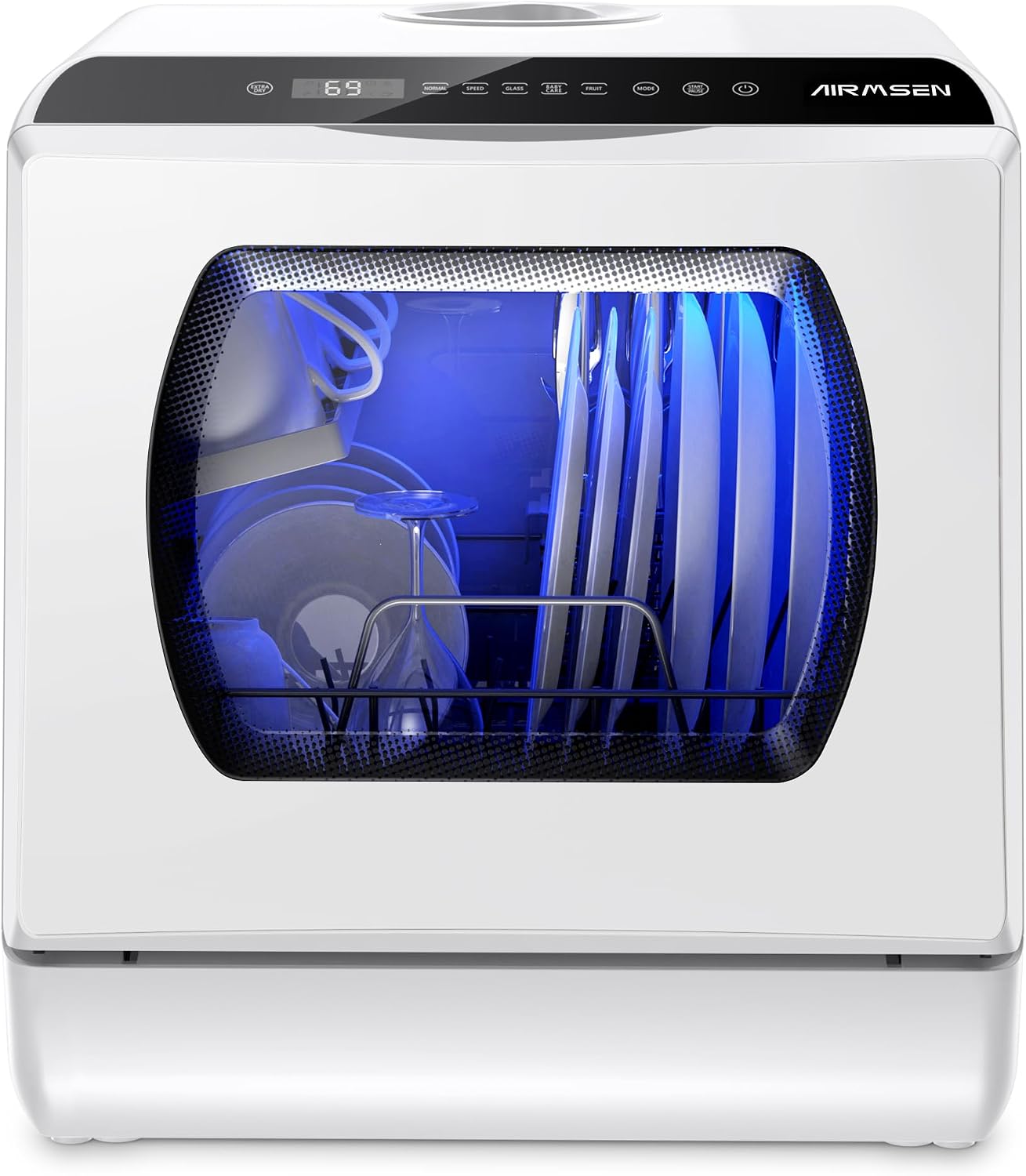 AIRMSEN Mini Lavavajillas de Sobremesa con 5+1 Programas, Depósito de 5 Litros, 2 Formas de Suministro de Agua, Control Táctil y Pantalla LED, Ideal para Cocinas Familiares, Apartamentos, Blanco