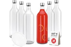 TUNDRA ICE INTERNATIONAL TUNDRA - Lot de 6 Bouteille Verre 1L avec 6 Bouchons à Vis et 1 Entonnoir | Ligne ELVIA | Bouteilles en Verre 1 Litre MADE IN GERMANY, Résistantes et Lavables au Lave-Vaisselle