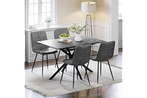 Luxstein Modern Extendable Dining Table and Chairs Set 4, 120-160cm Concrete Effect Table with 4 Grey Upholstered PU Leather Chairs for Dining Room, Kitchen