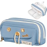 KASESSS School Pencil Case 4 Compartments, Multifunctional Pencil Case, School Cases with Decorative Patches, Large Pencil Ca