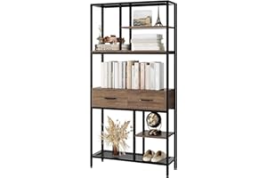 HOCSOK Bookshelf, 5 Tier Bookcase with Metal Frame and Drawers, Wooden Bookcase Storage Cabinet for Home and Office