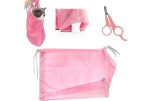 QEEQPF Lot de 2 sacs de salle de bain pour chats et ciseaux pour ongles d'animaux, sac de toilette pour chat, anti-morsure, anti-rayures, sac en maille pour animaux de compagnie, coupe d'ongles