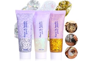 ‎PRREAL Prreal Body Glitter Gel 3 Bottles,Face Glitters Body Gel Sequins Shimmer Liquid Eyeshadow,Chunky Glitter for Face Hair Nails,Holographic Cosmetic Laser Powder Festival Glitter Makeup#White+Gold+Sliver