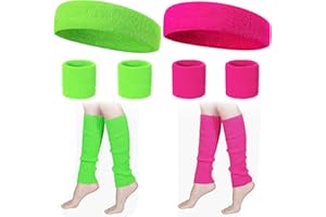 DGUSO Serre Poignet Fluo Annees 80 10 Pièces Set 4 Pièces Bracelet Fluo 2 Pièces Bandeau et 4 pièces Jambières Jambières Fluo Rétro Accessoires Fête pour Femmes Hommes 2 Couleurs Rose Vert