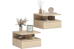 HOMCOM Lot de 2 Tables de Chevet murales, Tables de Nuit suspendues avec tiroir Coulissant, Compartiment Ouvert, Plateau, Style Moderne, pour Chambre à Coucher, 35 x 32 x 22,5 cm, chêne