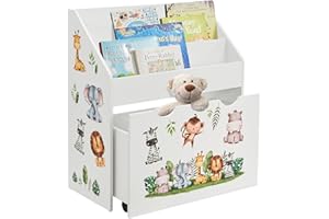 ‎JUSKYS Juskys Kinder Bücherregal mit 3 Fächern & Spielzeugkiste - Holz Regal 63x30x70 cm BTH - Aufbewahrung von Büchern & Spielzeug im Kinderzimmer - Weiß